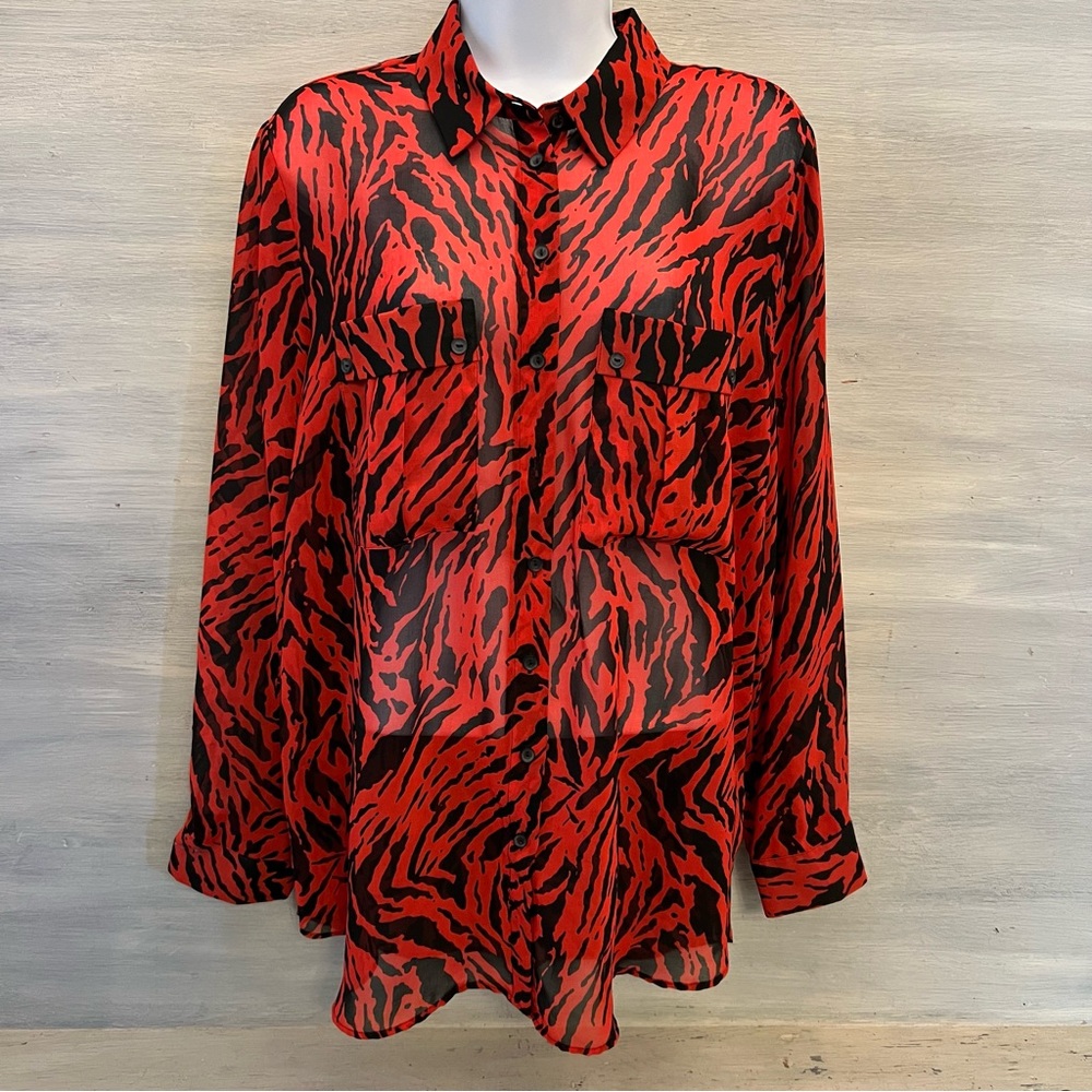 Mint Velvet Red Black Zebra Print Sheer Button Down Blouse Size 16 Like New‎